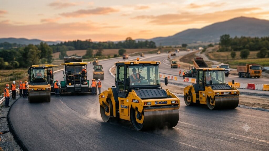 Современный китайский дорожный каток на строительной площадке в лучах теплого естественного света